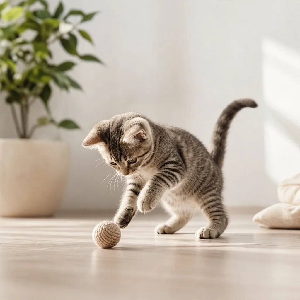 Gatito jugando con bola de hilo