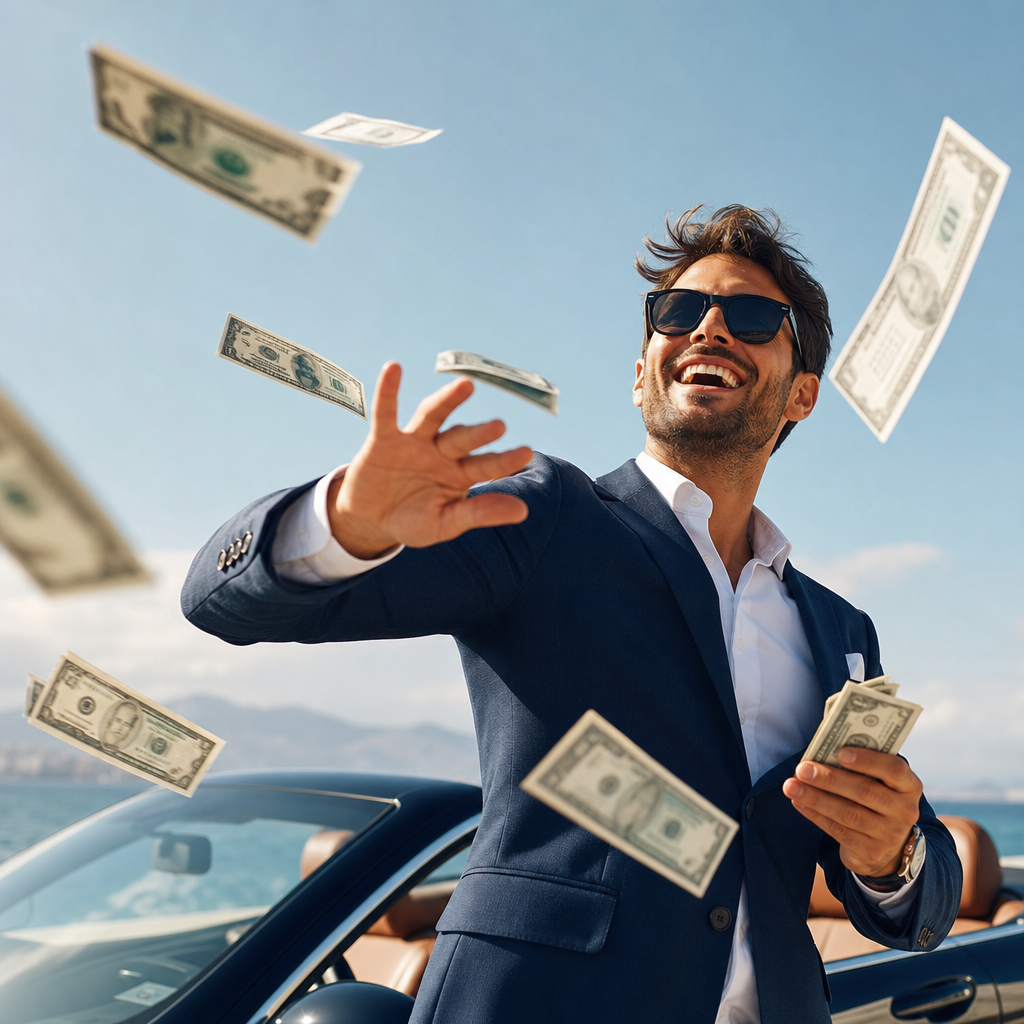 Hombre feliz lanzando billetes de dólar