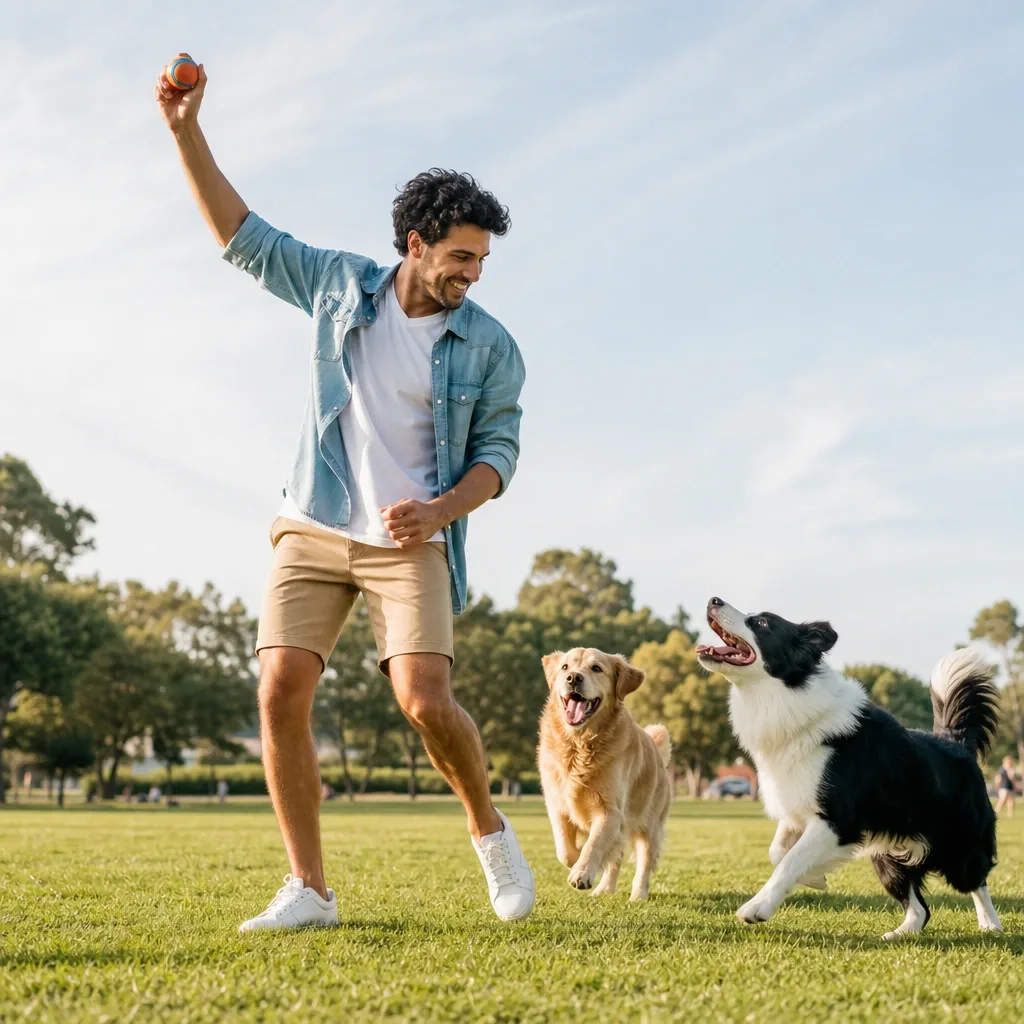 Hombre jugando con perros en parque