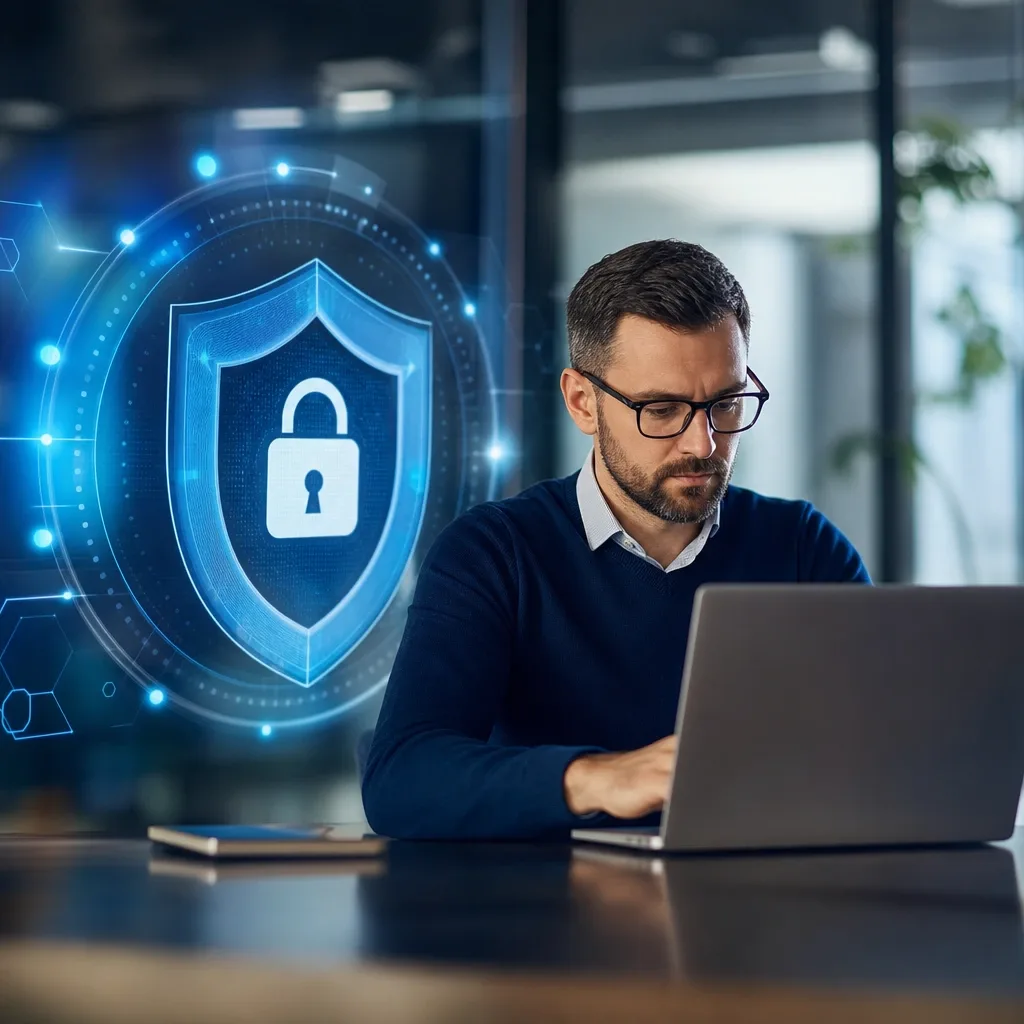 hombre con gafas usando laptop en oficina con escudo de seguridad digital azul junto a él