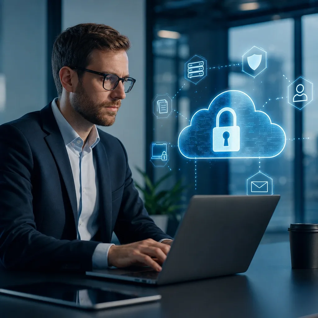 Hombre de negocios usando laptop con símbolos de nube y candado de seguridad digital