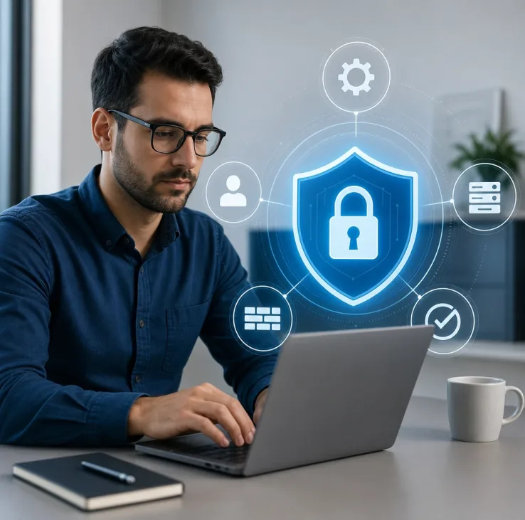 Hombre Trabajando En Laptop Con Iconos De Seguridad Digital