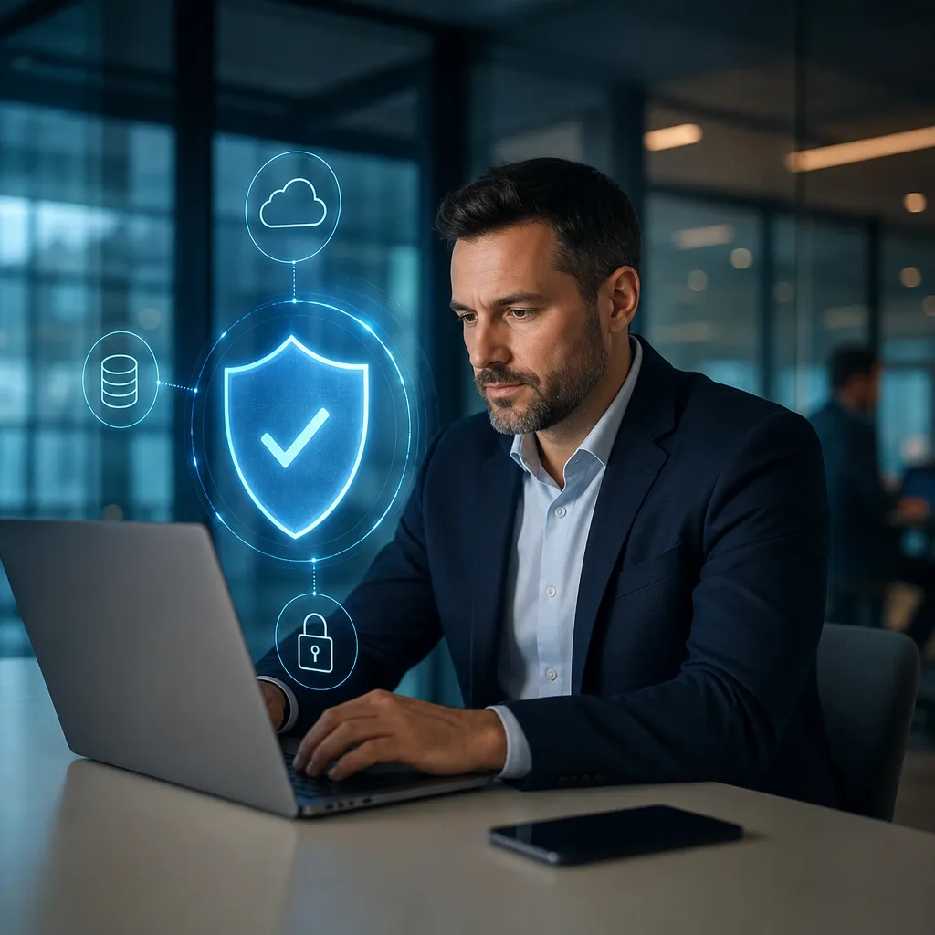 Hombre concentrado usando laptop con iconos holográficos de seguridad digital alrededor