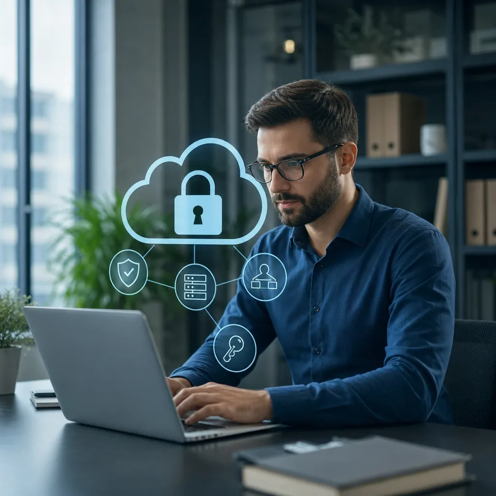 hombre con gafas trabajando en laptop con iconos de nube y candado digital