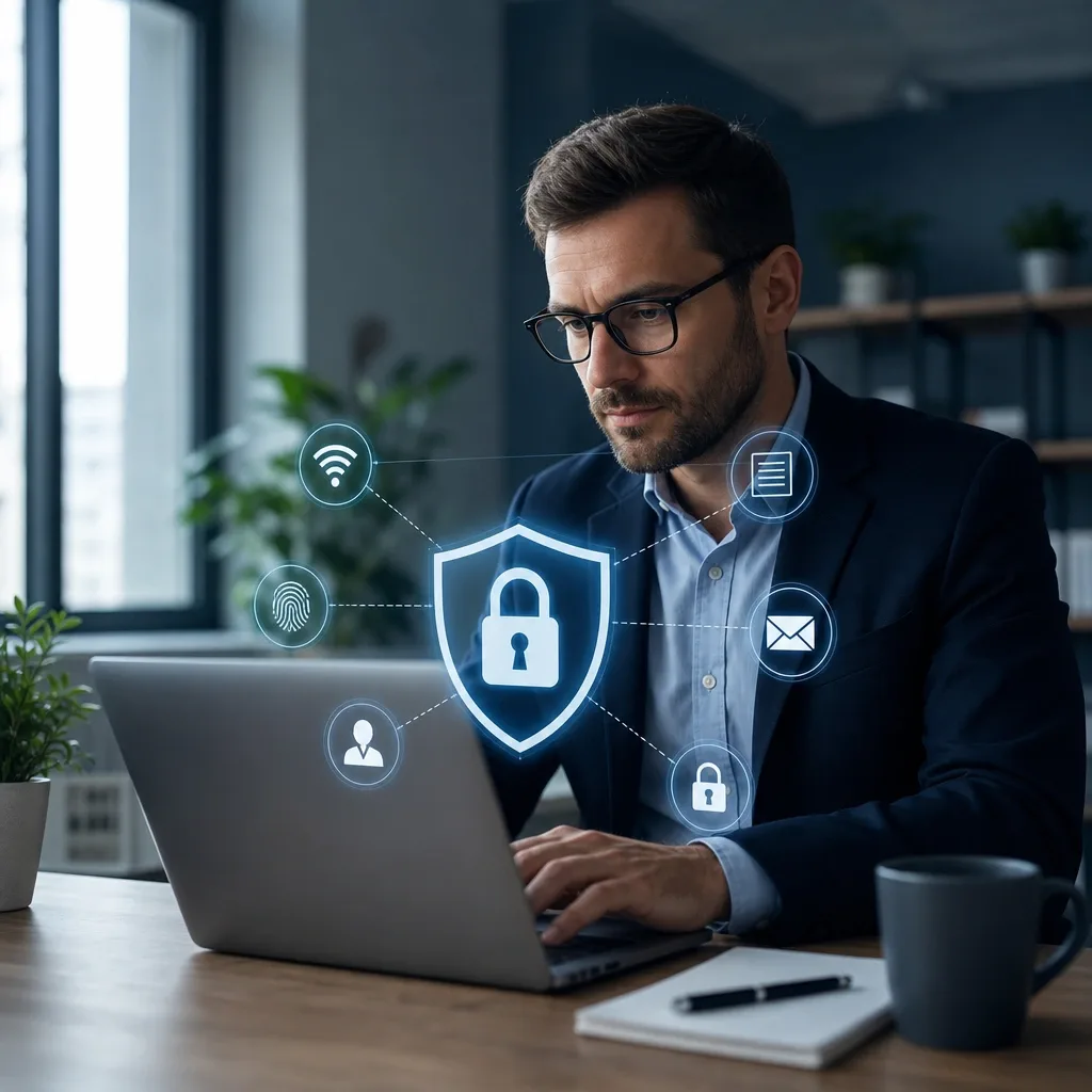 Hombre usando laptop con seguridad digital