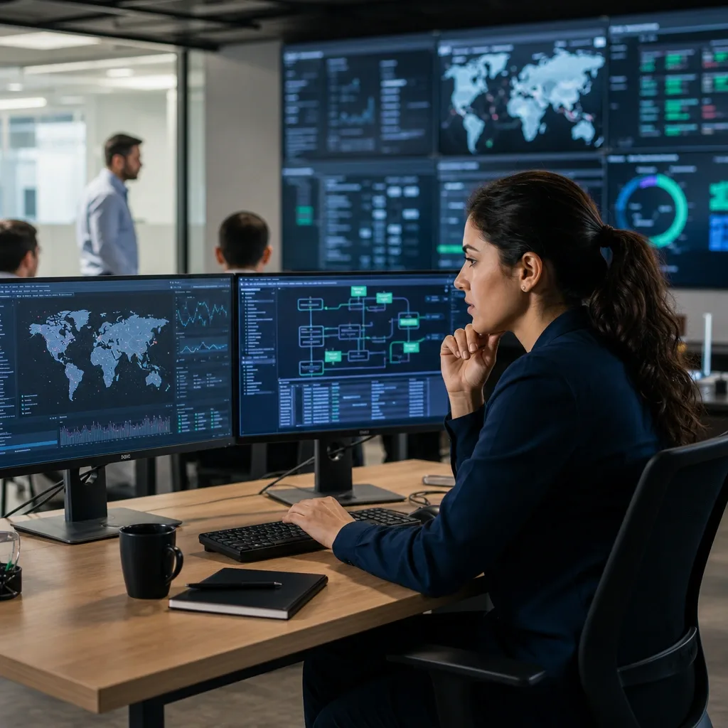 Mujer analizando datos en computadora