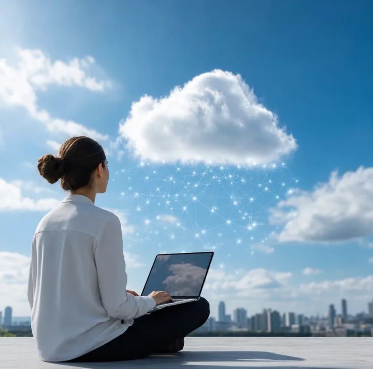 Mujer con laptop y nube digital en cielo