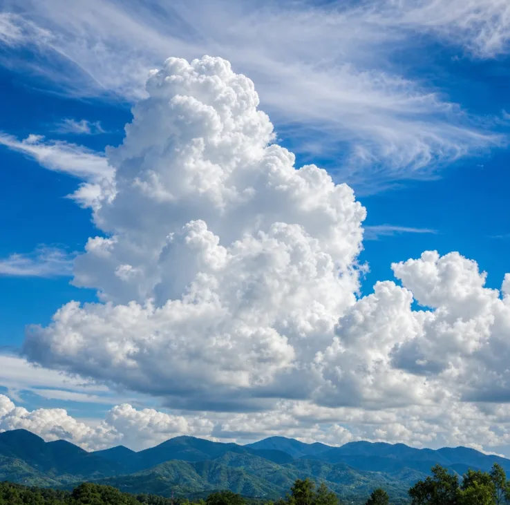 Nubes grandes y esponjosas sobre montañas verdes